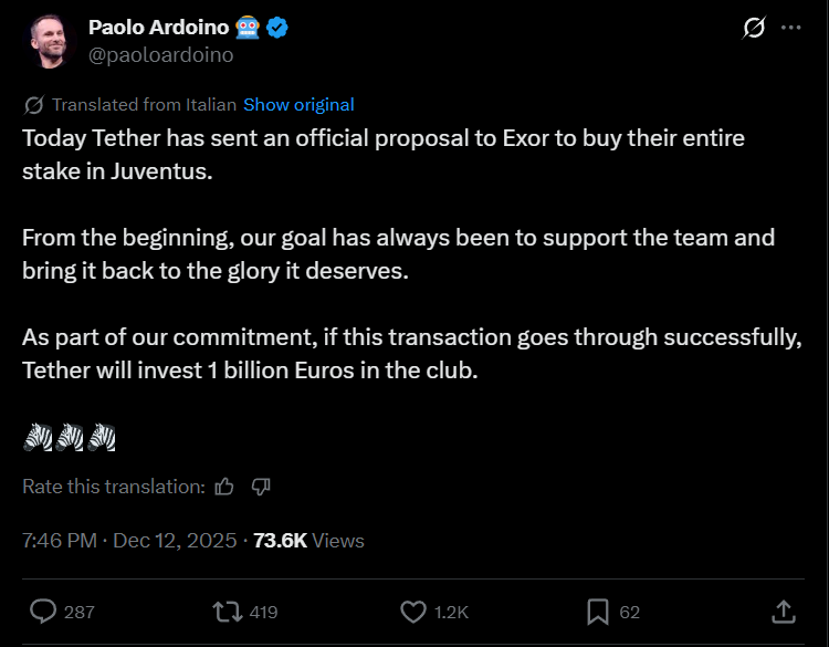 Tether Will Invest €1 Billion in Juvestus if the Deal Goes Through.